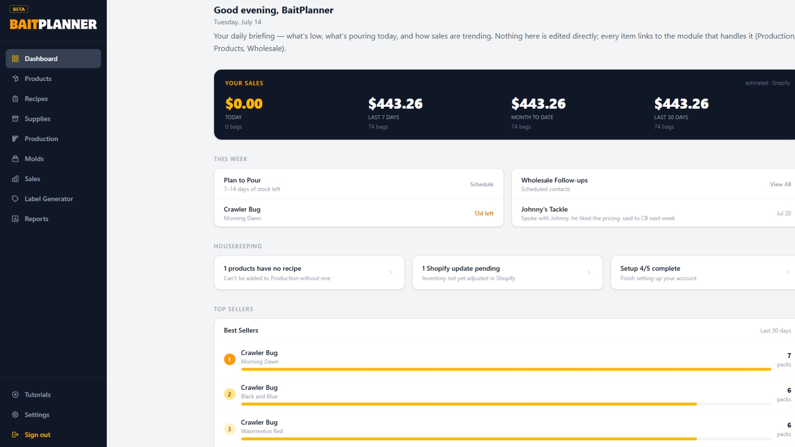 BaitPlanner dashboard — sales, make-list, and production at a glance