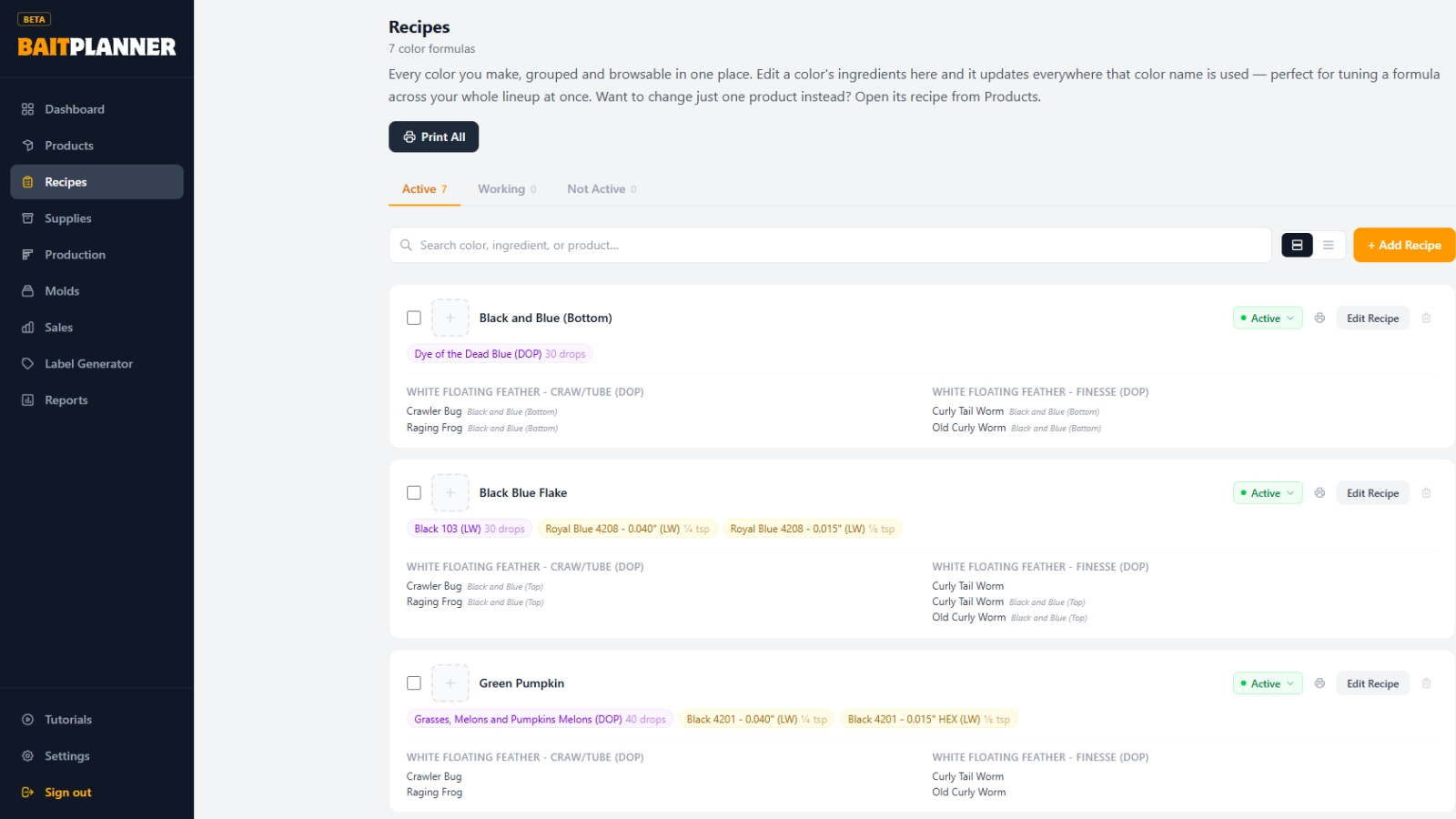Recipes — Your color library — visual, versioned, impossible to lose